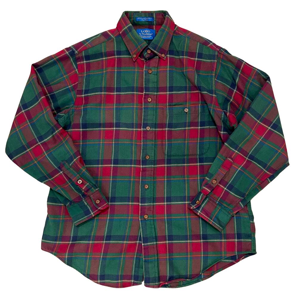 Vintage LOBO by Pendleton Flannel Shirt L Green Red Plaid Tartan Cotton Wool USA